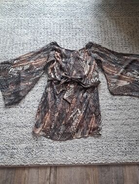 hello miss Brown & Cream Printed Bell Sleeve Tunic with Tie